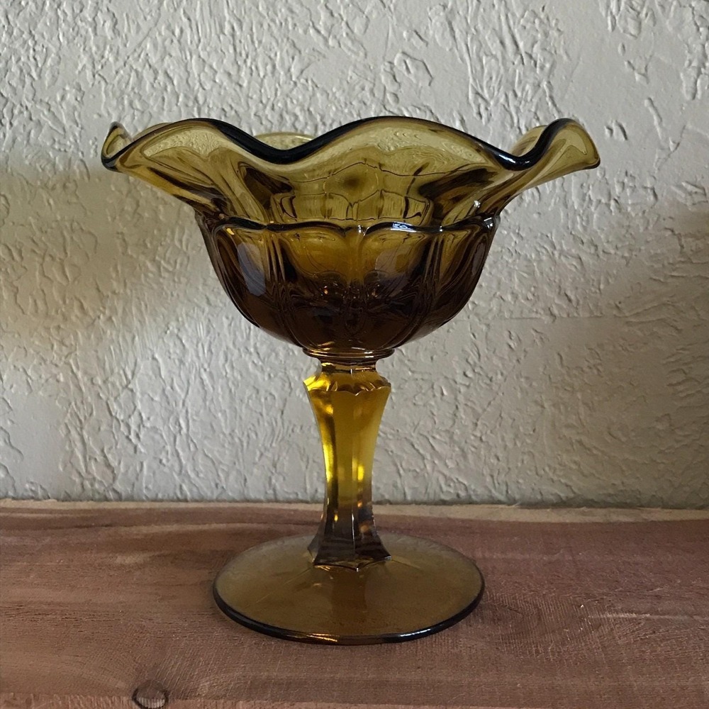 VTG Fenton‎ for Red Cliff Amber Glass Grape Compote Ruffled Pedestal Candy Dish